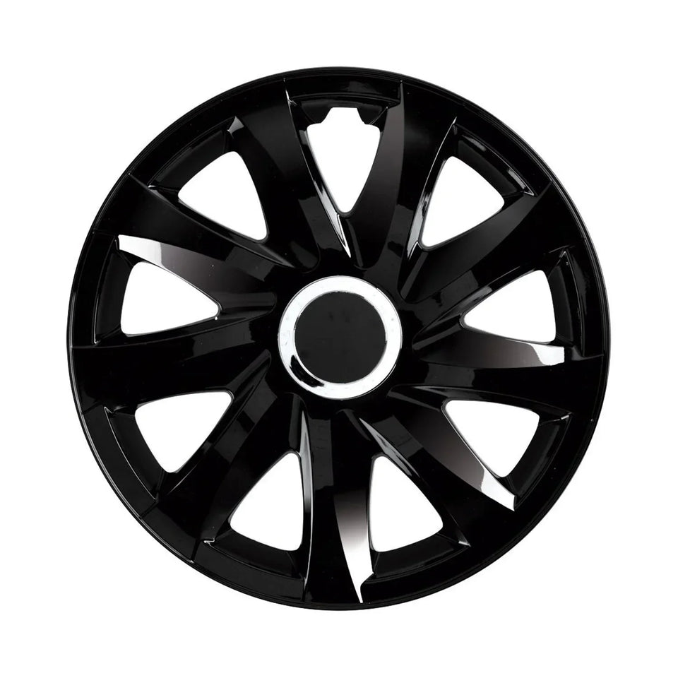 Universal hubcaps 14" DRIFT black lacquer press-on 4 pieces